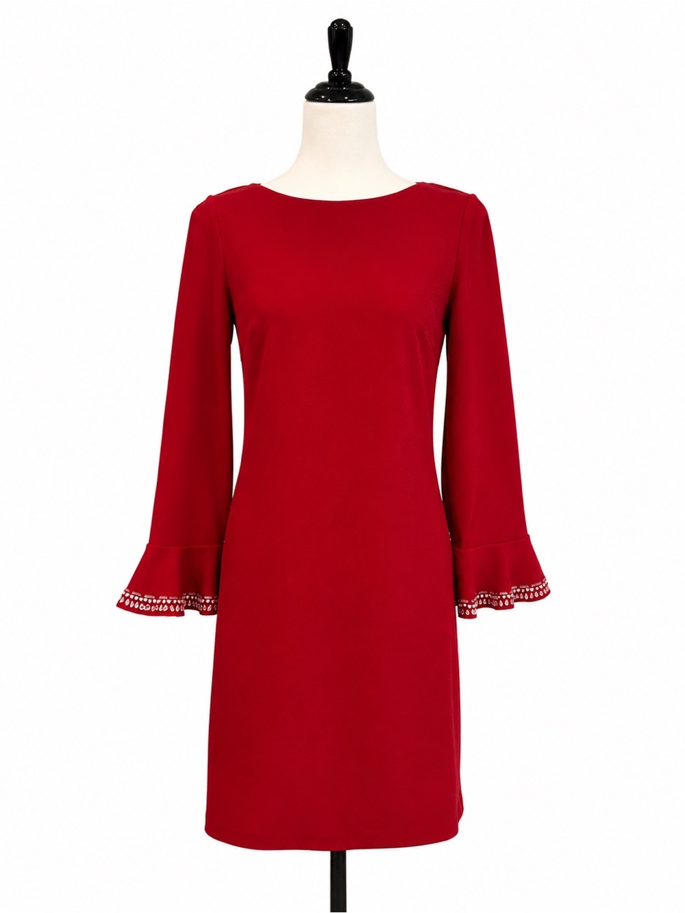 NM Neiman Marcus Red Embellished Bell Sleeve Shift Dress Size 10 Holiday